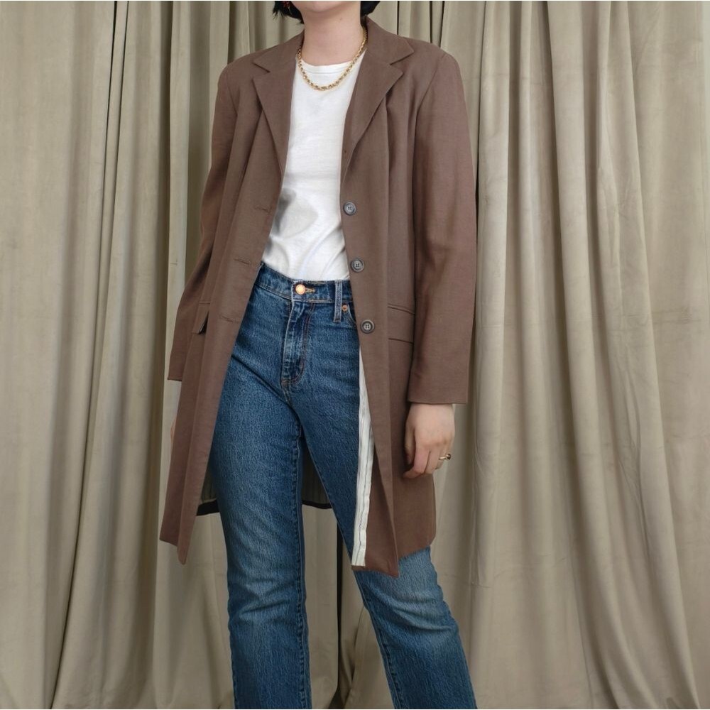 Vintage Petite Sophisticate Brown Single Breasted Linen Blend Blazer Trench Coat